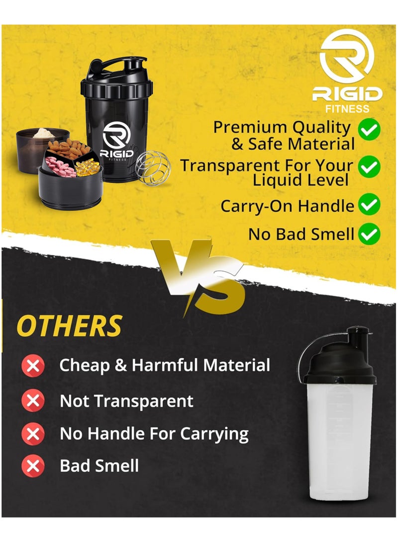 RIGID FITNESS Protein Shaker - Leak-Proof Shaker with Compartments for Powder & Pill Storage - Transparent Cup & Healthy BPA Free Bottle - Ideal for Hydration (Black Transparent - 17oz/500ml) - Image 2
