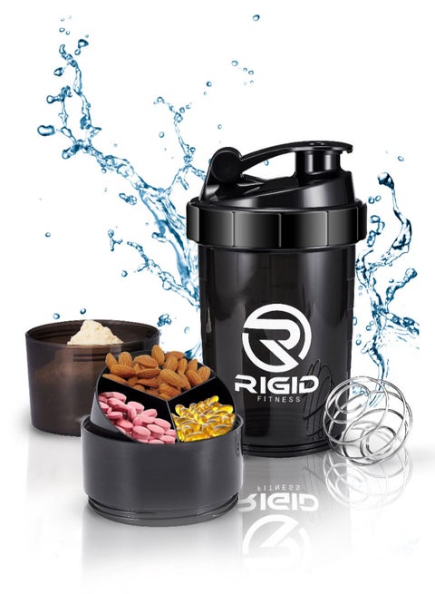 Protein Shaker - Leak-Proof Shaker with Compartments for Powder & Pill Storage - Transparent Cup & Healthy BPA Free Bottle - Ideal for Hydration (Black Transparent - 17oz/500ml)