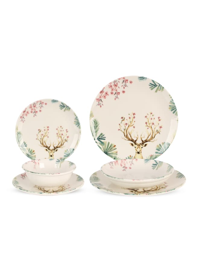 Cooker Dinner Set, 24 Pieces for 6 Persons, Fine Porcelain, Made in Turkey, with Majestic Deer Design - Cream with Green Color