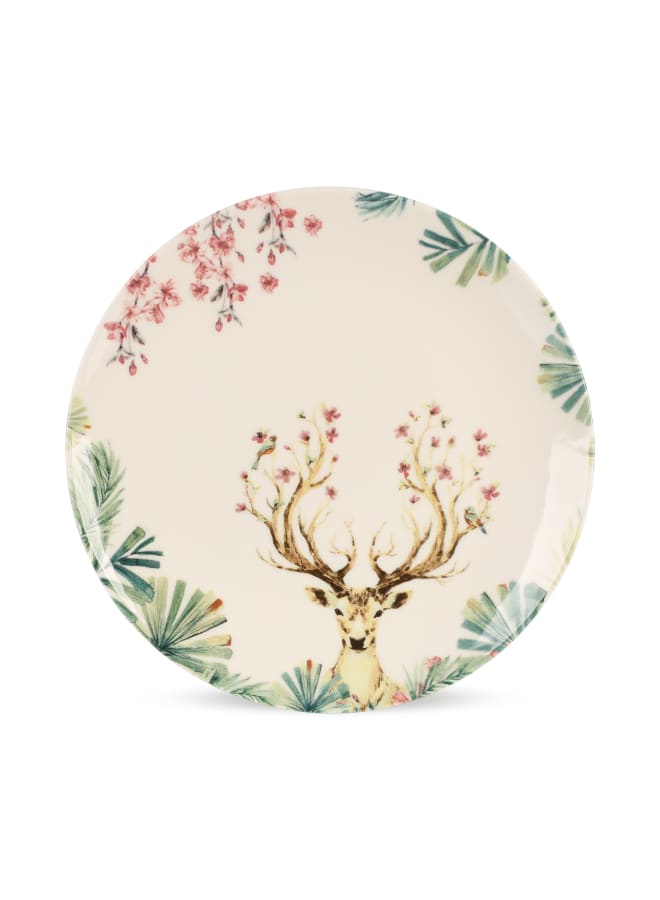 Cooker Dinner Set, 24 Pieces for 6 Persons, Fine Porcelain, Made in Turkey, with Majestic Deer Design - Cream with Green Color