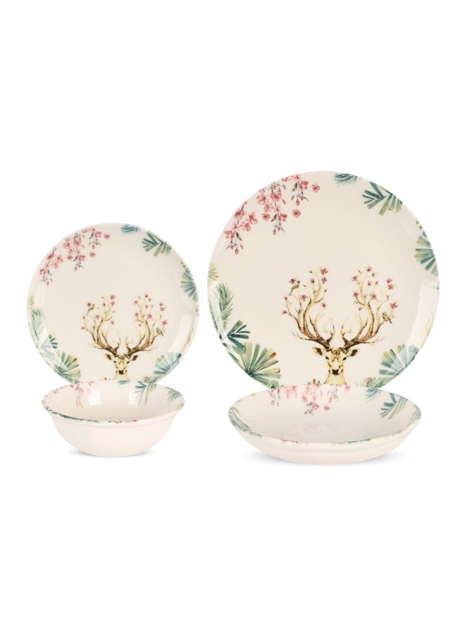 Cooker Dinner Set, 24 Pieces for 6 Persons, Fine Porcelain, Made in Turkey, with Majestic Deer Design - Cream with Green Color