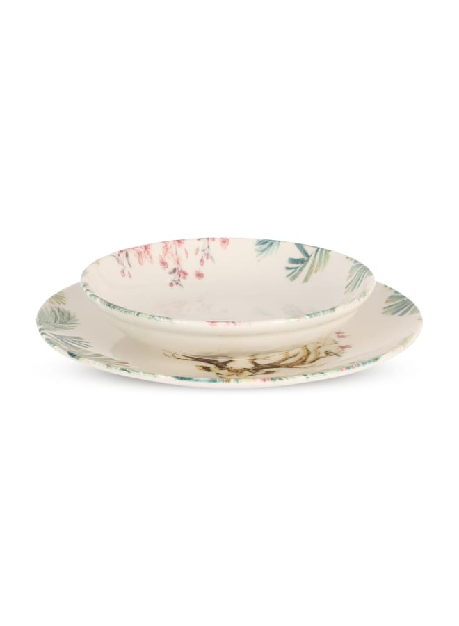 Cooker Dinner Set, 24 Pieces for 6 Persons, Fine Porcelain, Made in Turkey, with Majestic Deer Design - Cream with Green Color