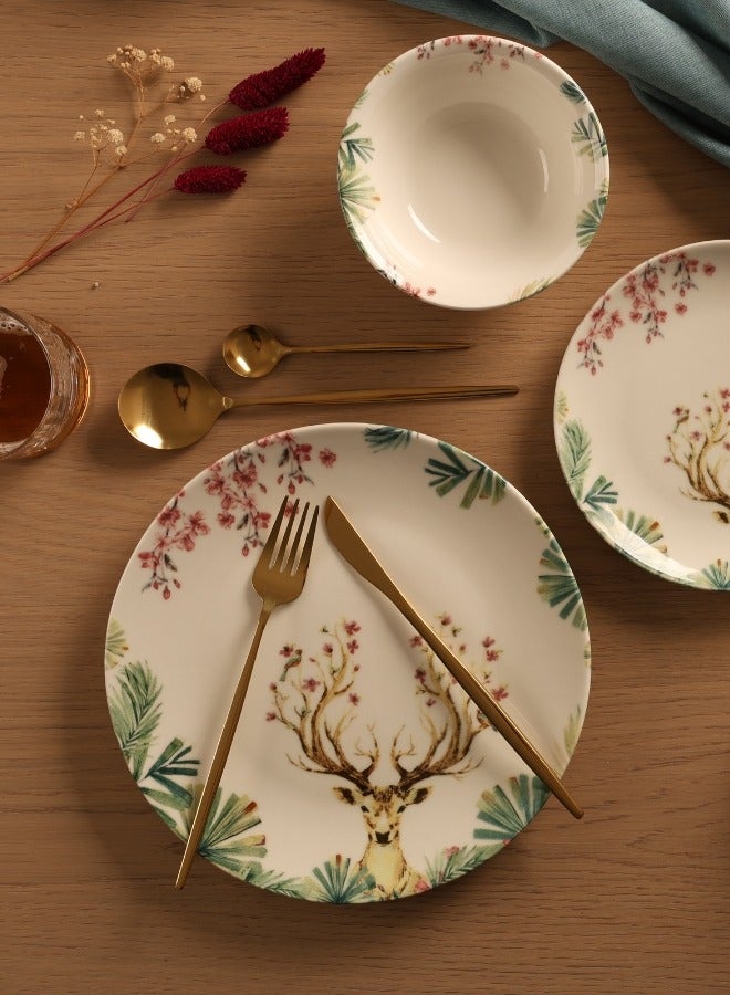 Cooker Dinner Set, 24 Pieces for 6 Persons, Fine Porcelain, Made in Turkey, with Majestic Deer Design - Cream with Green Color