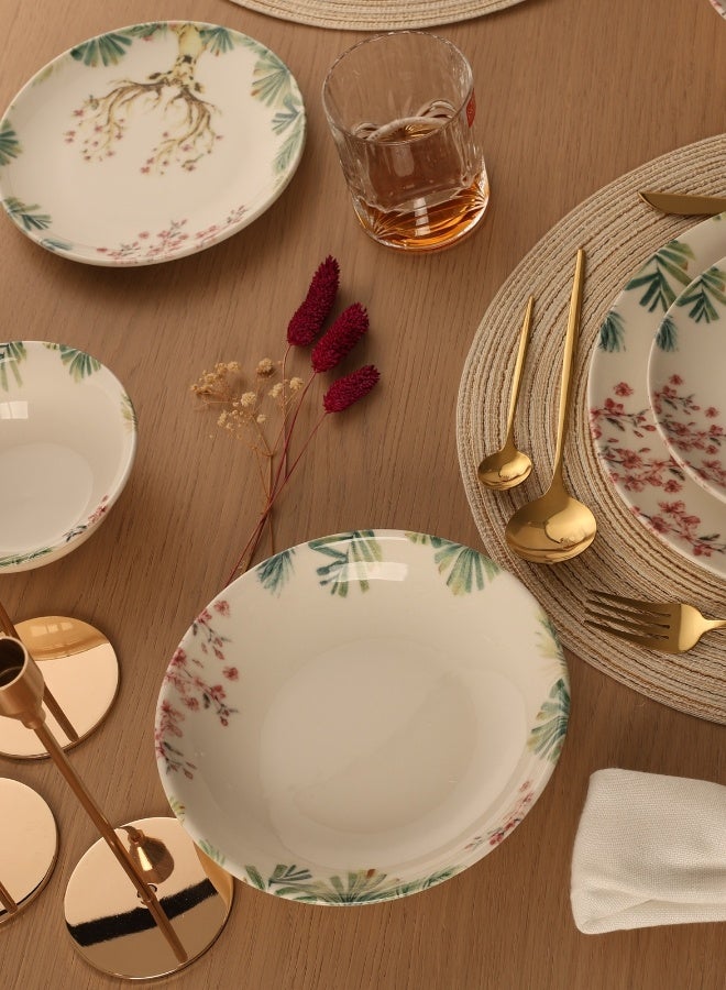 Cooker Dinner Set, 24 Pieces for 6 Persons, Fine Porcelain, Made in Turkey, with Majestic Deer Design - Cream with Green Color