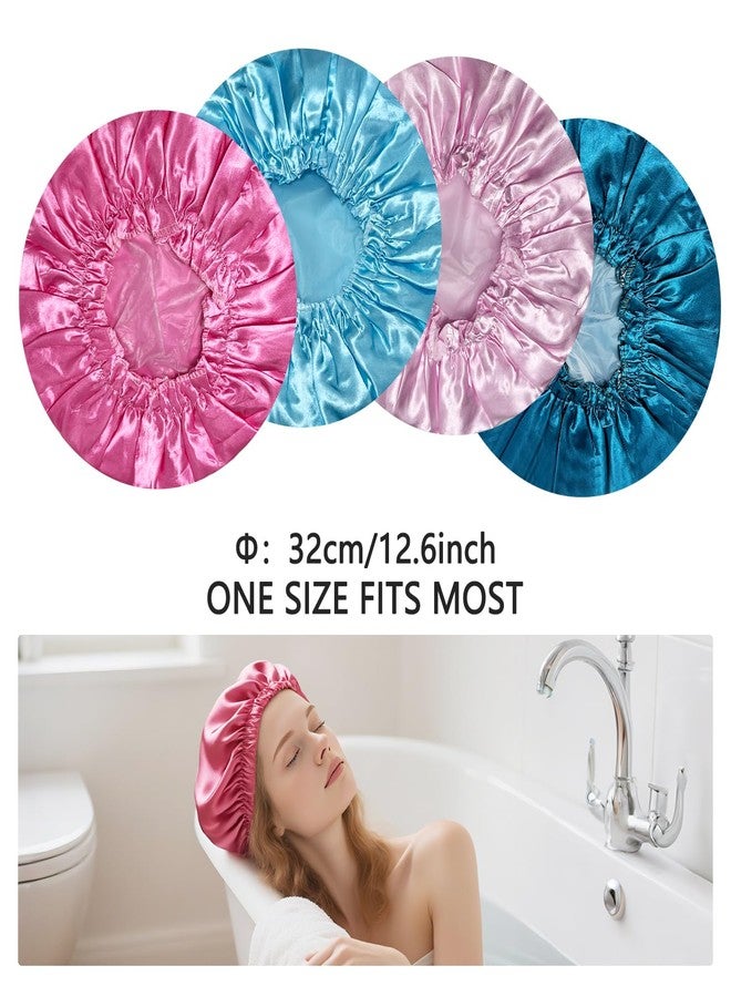 OHOO 4 PCS Shower Caps for Women Elastic Shower Bonnet Reusable Satin EVA Double Layer Waterproof Bath Cap (Solid Color) - Image 2