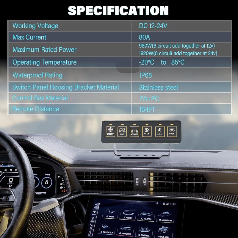 Fly Kan Ready varied options 6 Gang Wireless Switch Panel,Multifunction Remote Switch Panel for Offroad Lights with 4 Modes & 2 Power Options & Waterproof -Wide Applicable for 12V/24V Vehicles Truck SUV ATV UTV Boat etc. Dust proof - Image 3