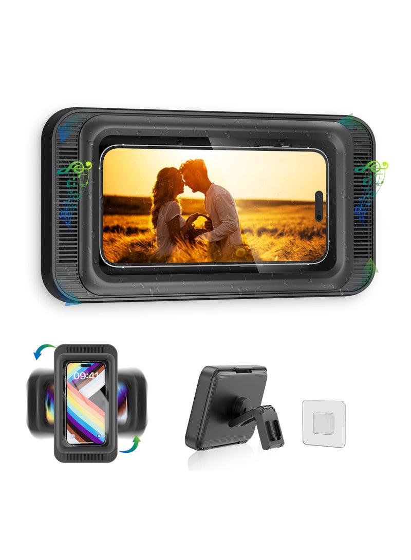 KASTWAVE Waterproof Shower Phone Holder, Wall Mounted Phone Holder with Speaker Touch Screen, 360° Rotation, Up to 7 inch for Bathroom Bathtub Kitchen for iPhone Samsung Android (Black) - Image 1