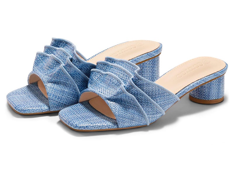 Coutgo Womens Raffia Chunky Low Heels Sandals Square Open Toe Mules Ruffle Slip On Summer Dress Shoes, Blue, size 8 - Image 1