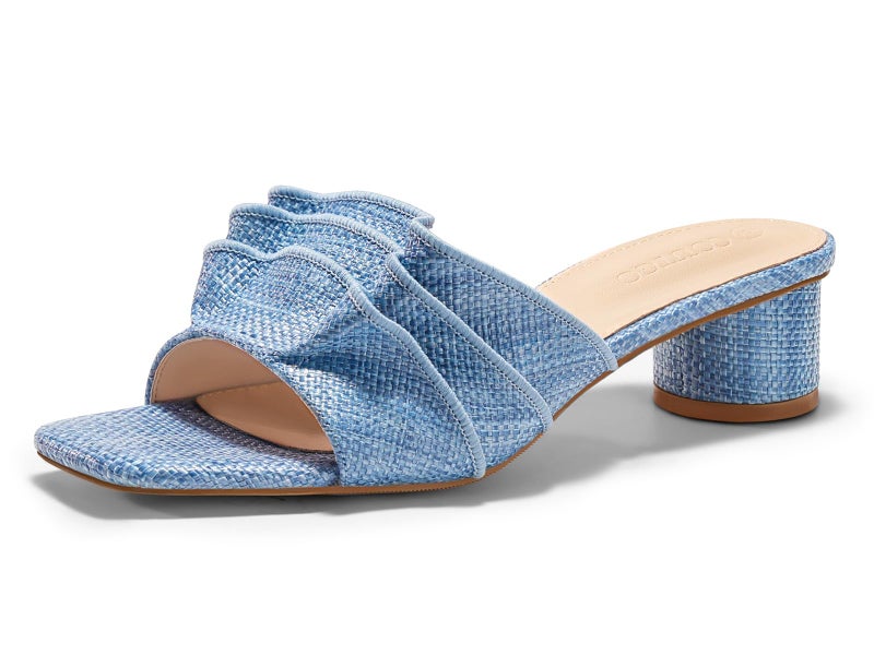 Coutgo Womens Raffia Chunky Low Heels Sandals Square Open Toe Mules Ruffle Slip On Summer Dress Shoes, Blue, size 8 - Image 4
