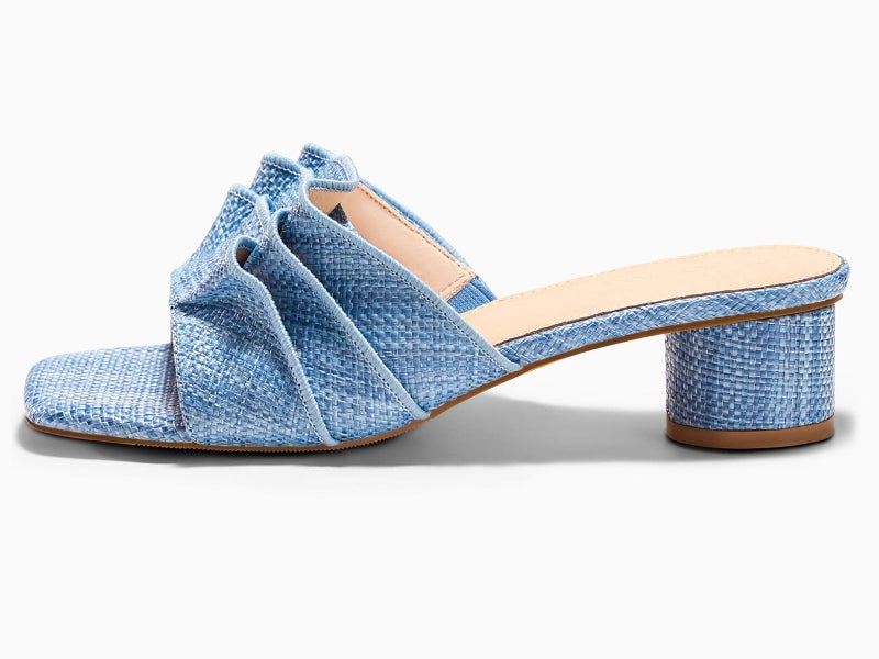 Coutgo Womens Raffia Chunky Low Heels Sandals Square Open Toe Mules Ruffle Slip On Summer Dress Shoes, Blue, size 8 - Image 5