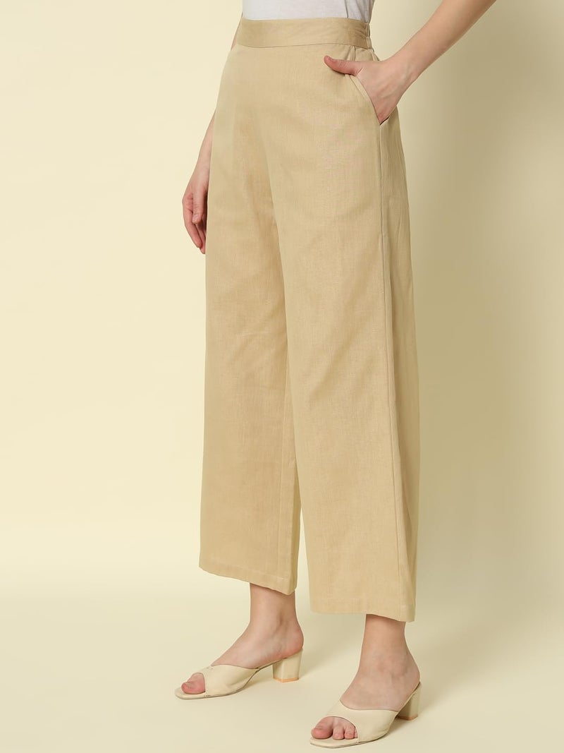 FIORRA Women's Beige Cotton Solid Palazzo BTM005 - Image 4