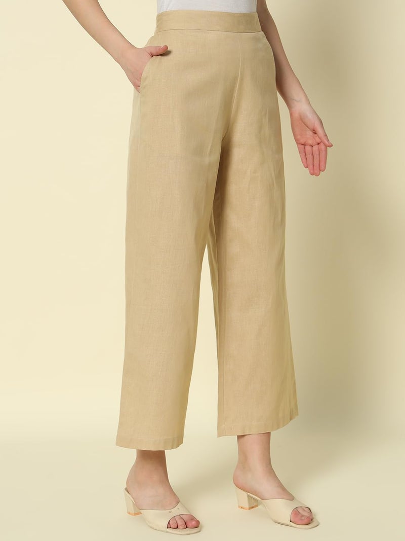 FIORRA Women's Beige Cotton Solid Palazzo BTM005 - Image 3