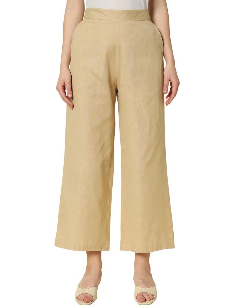 FIORRA Women's Beige Cotton Solid Palazzo BTM005 - Image 1