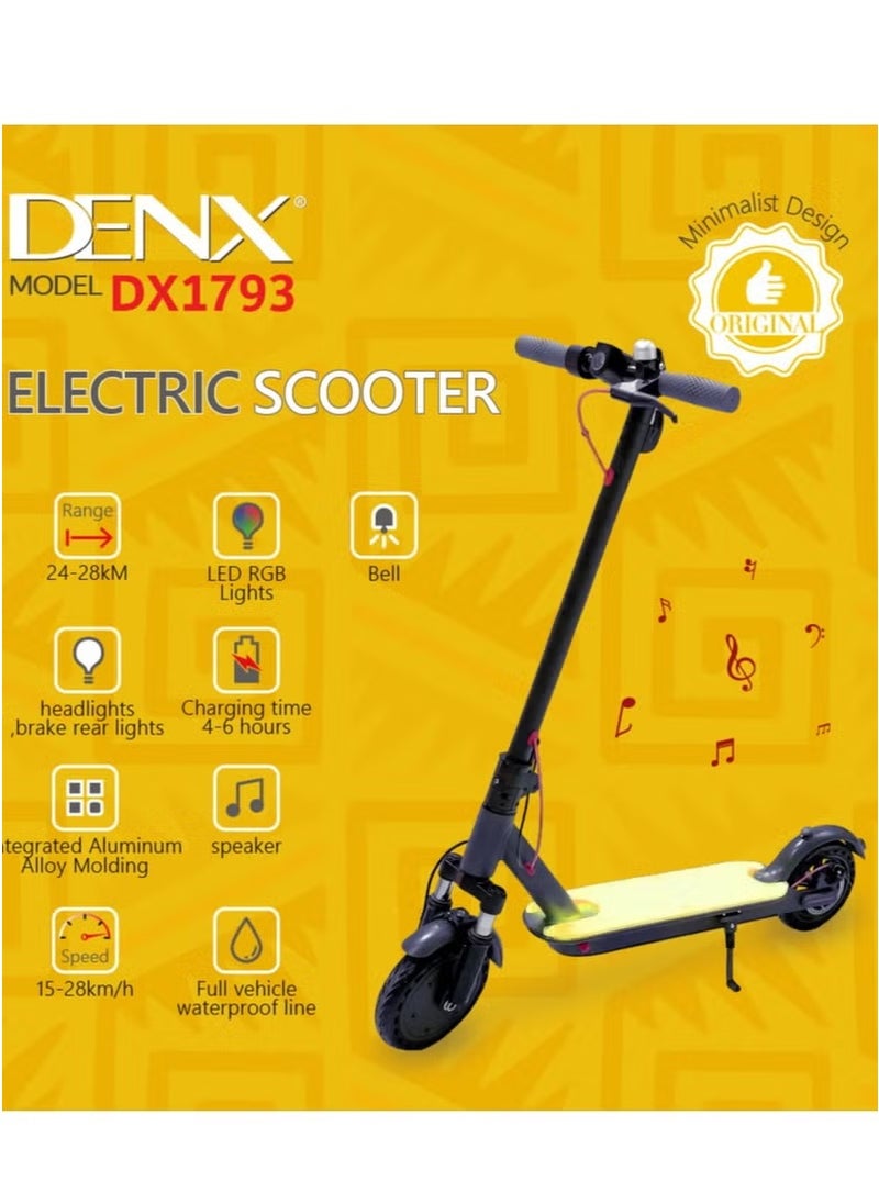 DENX DX1793 سكوتر كهربائي قابل للطي للبالغين - سرعة تصل إلى 28 كم/ساعة، بطارية بمدى 28 كم، إطارات هوائية 8.5 بوصة، ونظام مكابح مزدوج.