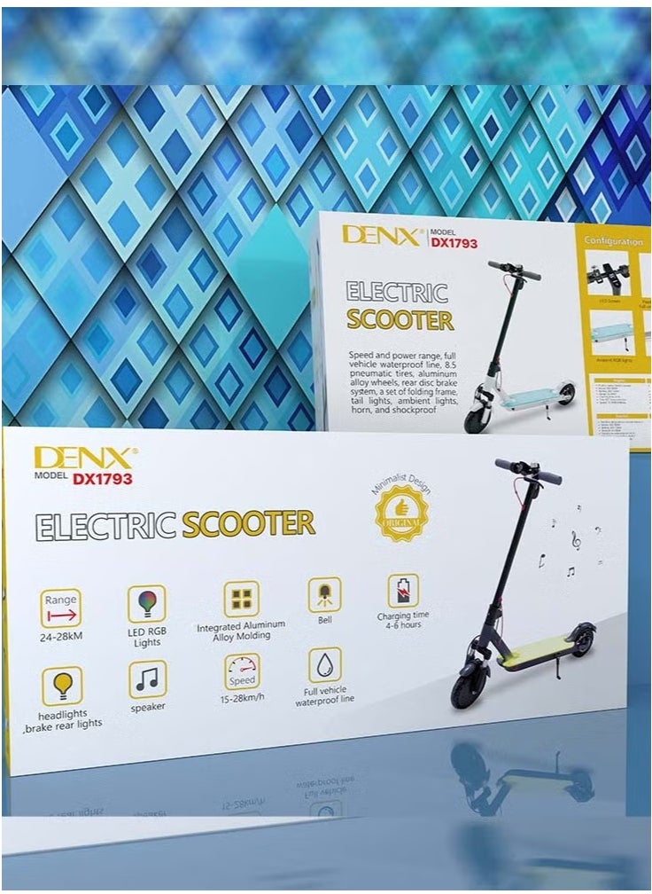 DENX DX1793 سكوتر كهربائي قابل للطي للبالغين - سرعة تصل إلى 28 كم/ساعة، بطارية بمدى 28 كم، إطارات هوائية 8.5 بوصة، ونظام مكابح مزدوج.