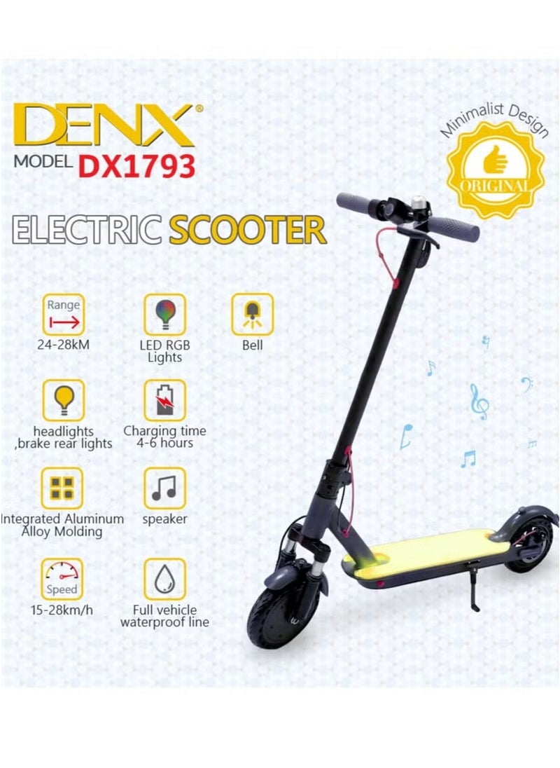 DENX DX1793 سكوتر كهربائي قابل للطي للبالغين - سرعة تصل إلى 28 كم/ساعة، بطارية بمدى 28 كم، إطارات هوائية 8.5 بوصة، ونظام مكابح مزدوج.
