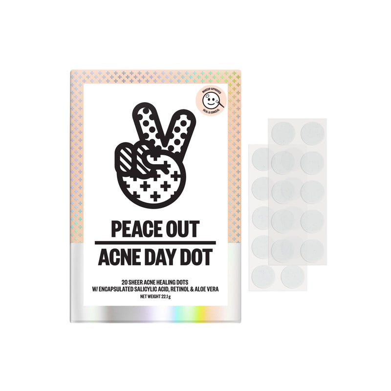 PEACE OUT Acne Day & Night Duo, Sheer Hydrocolloid Pimple Patches For Day Plus Overnight Acne Dots, Helps Clear Blemishes Quickly with Salicylic Acid, Retinol and Aloe Vera, 20 dots - Image 1