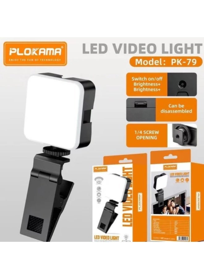 التخطيط مصباح فيديو LED من نوع Plokama PK-79 مزود بمشبك تثبيت، حل إضاءة محمول يُثبت بمشبك للهواتف الذكية، والتصوير الفوتوغرافي، وتصوير الفيديو، والبث المباشر، وإنشاء المحتوى. - Image 1