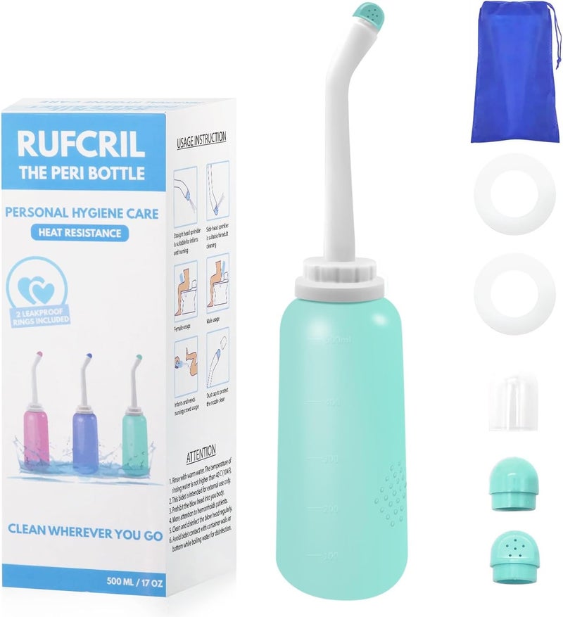 RUFCRIL Peri Bottle – Portable Bidet Sprayer, Travel Bidet with Bag, 17oz (500ml) TPE Bottle (Boilable), Dual Sealing Rings – For Postpartum Care & Personal Hygiene – Ideal for Home & Travel - Image 1