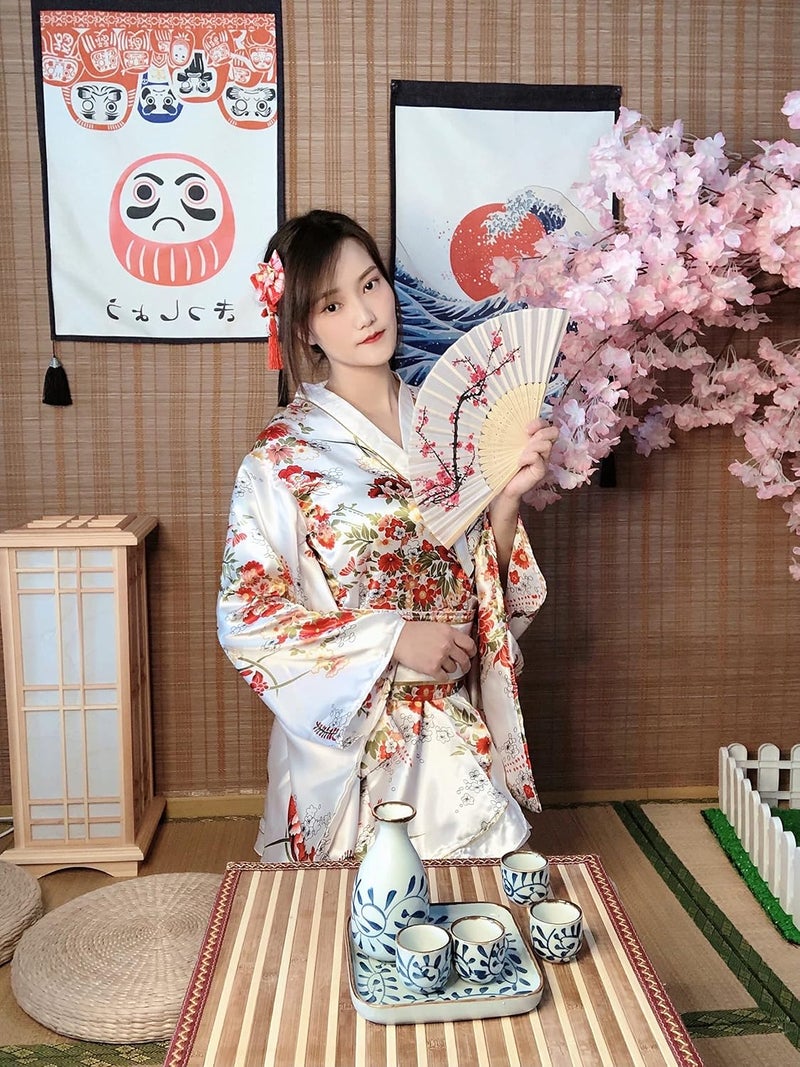 Elibelle Japanese Anime Women's Dance Kimono Robe Fancy Dress Hand Held Silk Folding Fans Tabi Hairstick Socks Set - Image 5