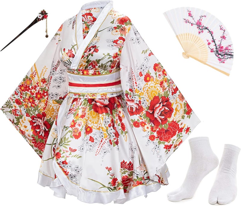Elibelle Japanese Anime Women's Dance Kimono Robe Fancy Dress Hand Held Silk Folding Fans Tabi Hairstick Socks Set - Image 1