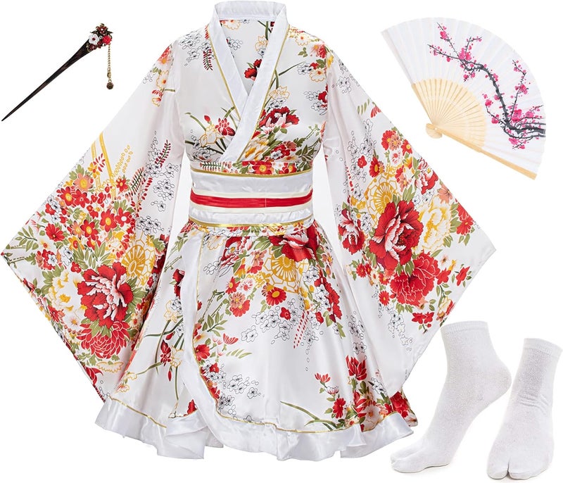 Elibelle Japanese Anime Women's Dance Kimono Robe Fancy Dress Hand Held Silk Folding Fans Tabi Hairstick Socks Set - Image 2