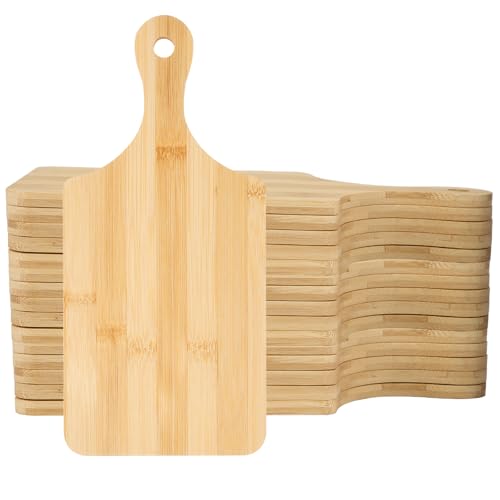 WAYASDCU 25 PCS Bulk Cutting Boards Mini Charcuterie Boards Bulk Wood Chopping Board Laser Engraving Serving Board with Handle Charcuterie Boards for Pizza, Bread, Cheese, Charcuterie, Fruit 11" x 5" Bamboo - Image 1