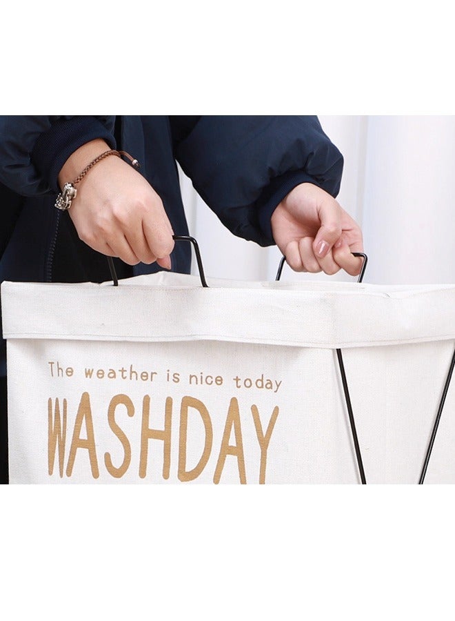 Stylish Large Capacity Foldable Fabric Laundry Basket with Exquisite Washday Pattern and Iron Frame Support  - Image 3