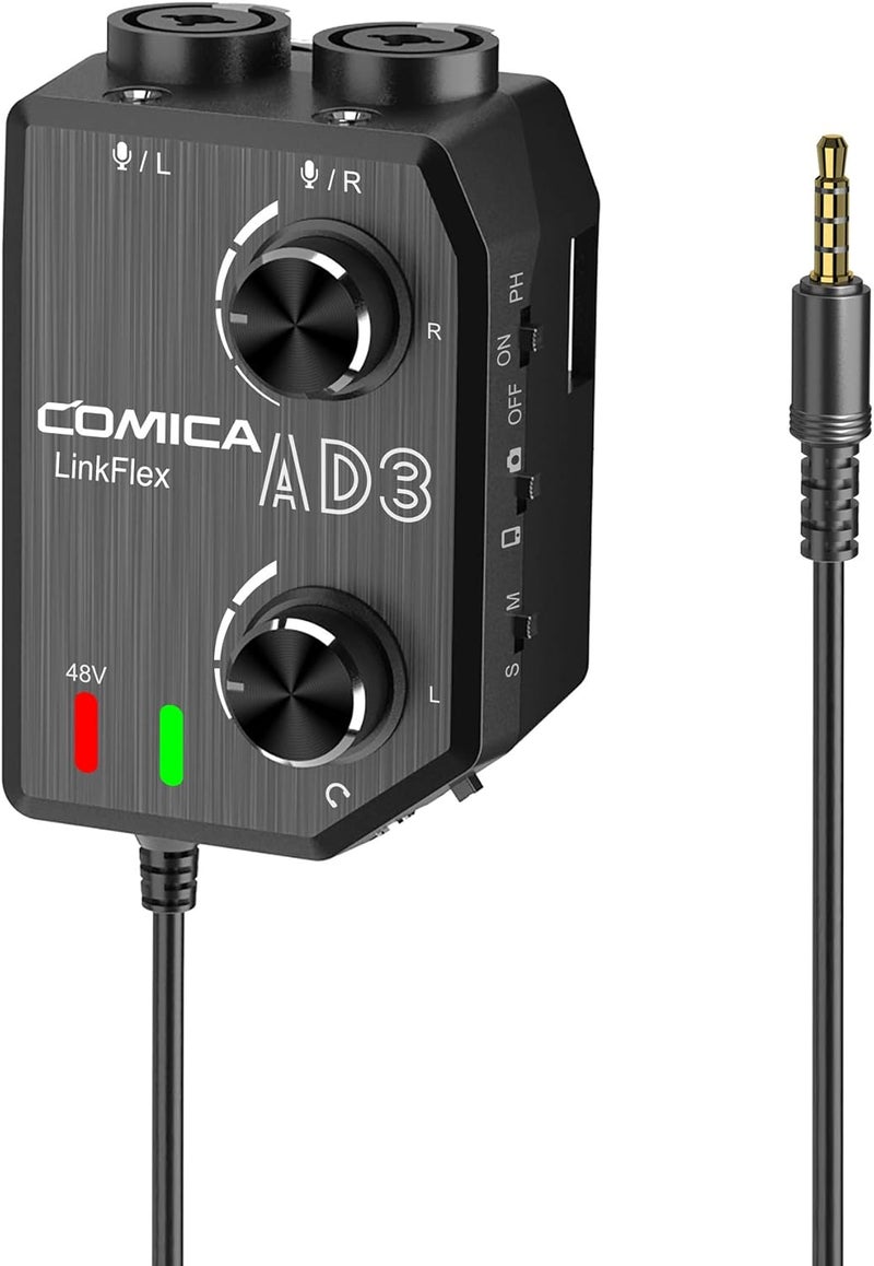 COMICA LINKFLEX AD3 Dual-channels XLR/6.35mm/3.5mm Audio Preamp Mixer with Support 48V Phantom Power, Mono/Stereo Output, Guitar Audio Interface for Cameras,Camcorders,iPhone,Android,Smartphones - Image 1