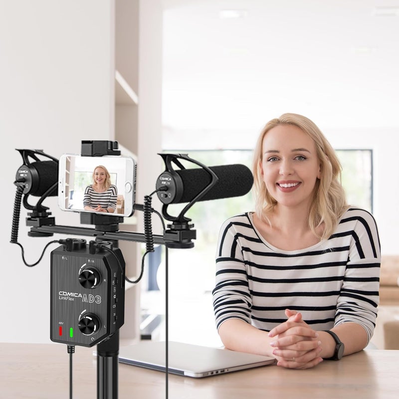 COMICA LINKFLEX AD3 Dual-channels XLR/6.35mm/3.5mm Audio Preamp Mixer with Support 48V Phantom Power, Mono/Stereo Output, Guitar Audio Interface for Cameras,Camcorders,iPhone,Android,Smartphones - Image 2