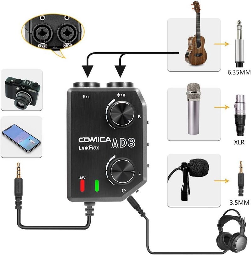 COMICA LINKFLEX AD3 Dual-channels XLR/6.35mm/3.5mm Audio Preamp Mixer with Support 48V Phantom Power, Mono/Stereo Output, Guitar Audio Interface for Cameras,Camcorders,iPhone,Android,Smartphones - Image 3