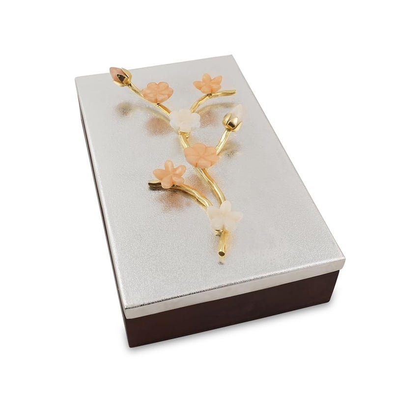 THE HOME CO. Enhance your home style Bloom Box Premium Wooden Base with SilverPlated Brass Lid Resin Buds Decorative Storage Box Elegant Home Decor 