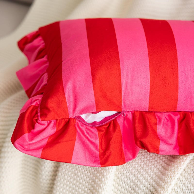 vctops Ruffle Square Throw Pillow Covers Boho Pink and Red Striped Decorative Pillowcases Set of 2, Soft Velvet Accent Cushion Cover Cases for Sofa Bed Living Room Decor (Pink,18"x18") - Image 3