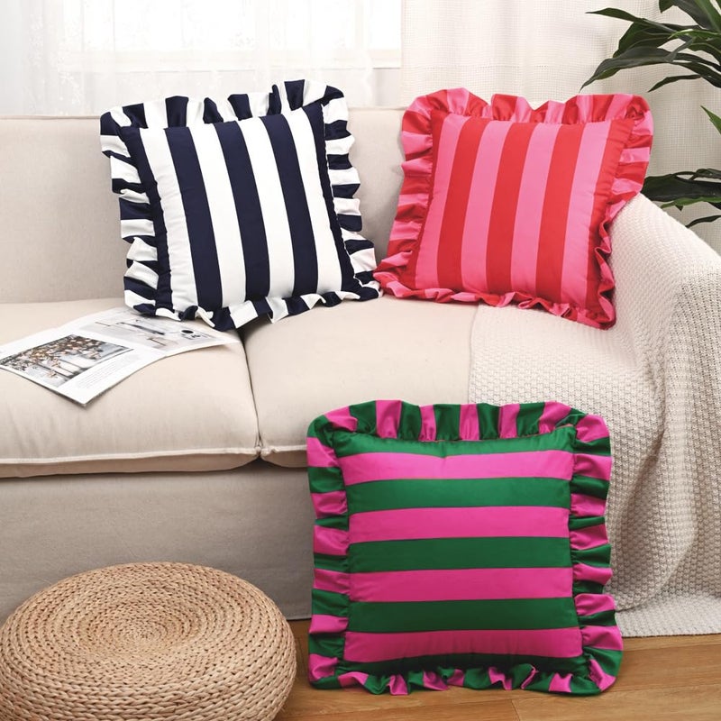 vctops Ruffle Square Throw Pillow Covers Boho Pink and Red Striped Decorative Pillowcases Set of 2, Soft Velvet Accent Cushion Cover Cases for Sofa Bed Living Room Decor (Pink,18"x18") - Image 5