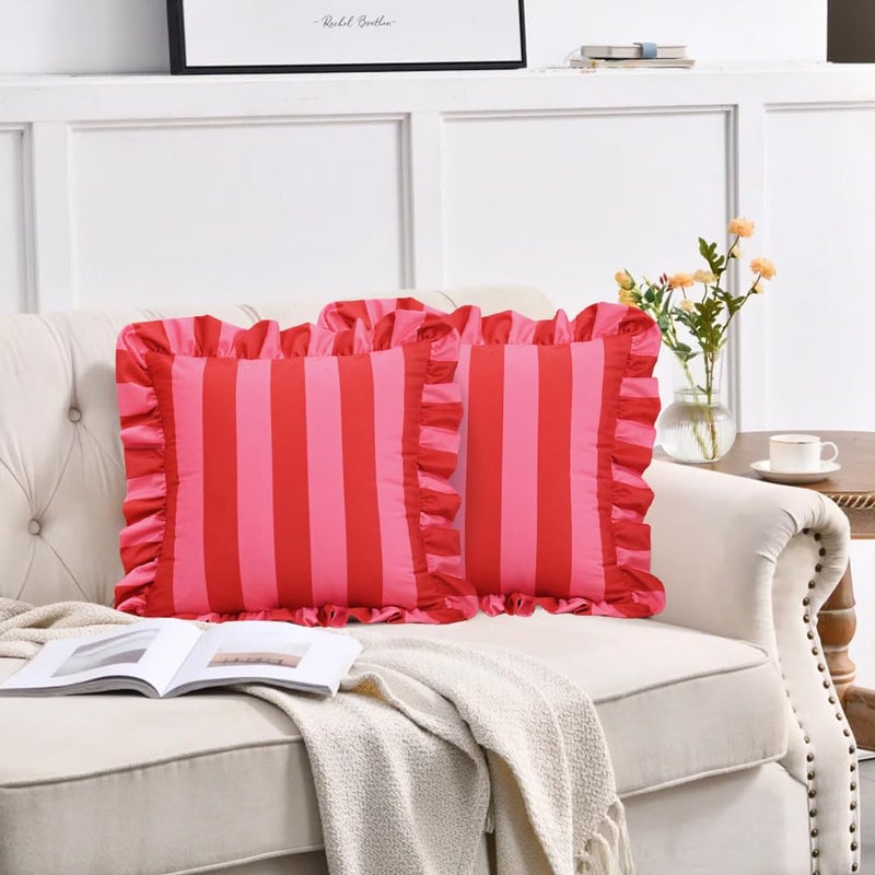 vctops Ruffle Square Throw Pillow Covers Boho Pink and Red Striped Decorative Pillowcases Set of 2, Soft Velvet Accent Cushion Cover Cases for Sofa Bed Living Room Decor (Pink,18"x18") - Image 2