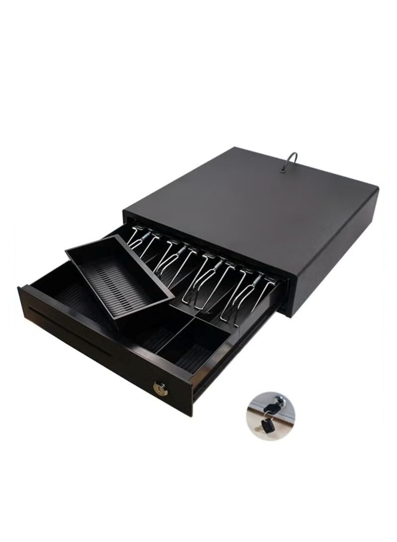 درج تسجيل نقدي، درج نقود نقطة البيع مع درج عملات قابل للإزالة، 4 فواتير و3 حجرات للعملات المعدنية، متوافق مع 12 فولت RJ11، درج نقود أسود شديد التحمل مع قفل بمفتاح - Image 1