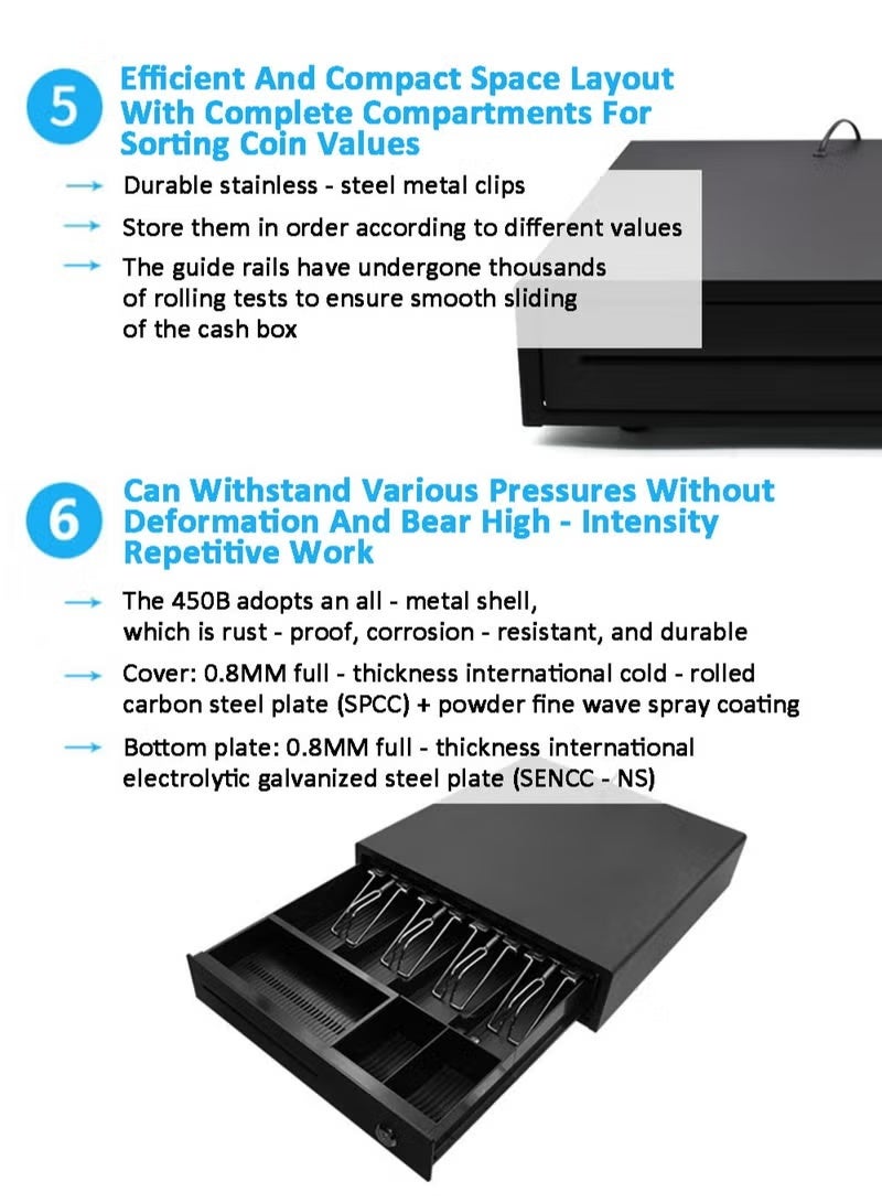 درج تسجيل نقدي، درج نقود نقطة البيع مع درج عملات قابل للإزالة، 4 فواتير و3 حجرات للعملات المعدنية، متوافق مع 12 فولت RJ11، درج نقود أسود شديد التحمل مع قفل بمفتاح - Image 5