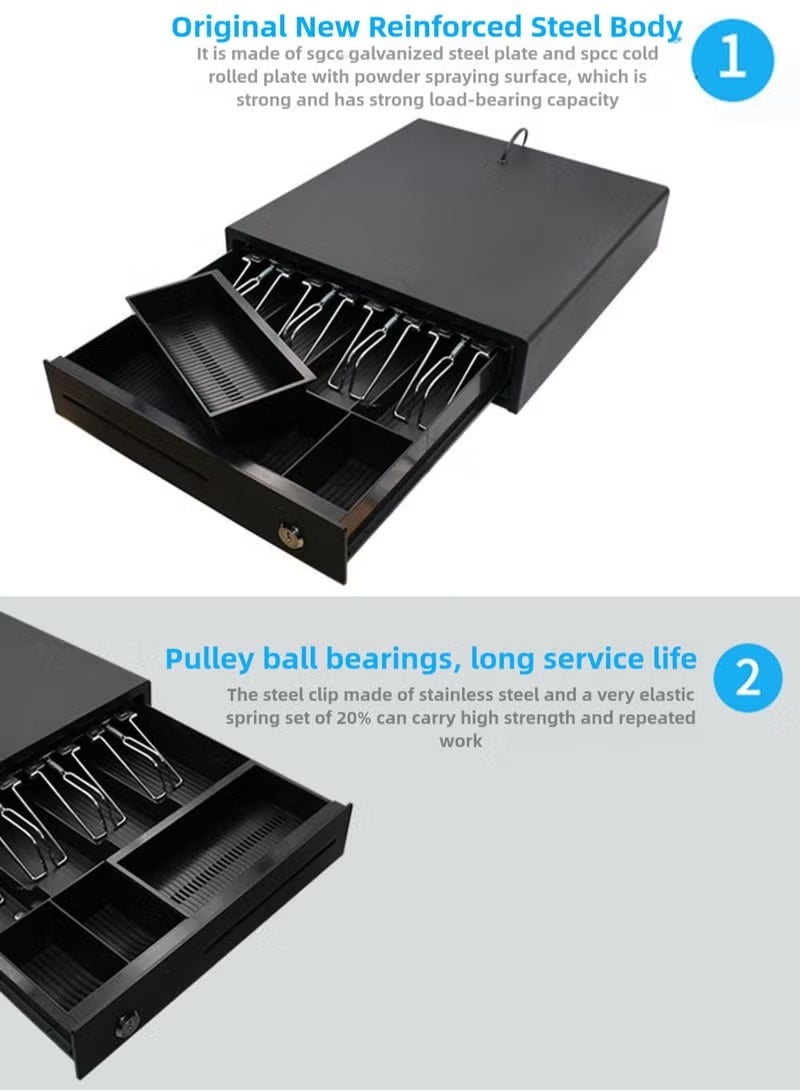 درج تسجيل نقدي، درج نقود نقطة البيع مع درج عملات قابل للإزالة، 4 فواتير و3 حجرات للعملات المعدنية، متوافق مع 12 فولت RJ11، درج نقود أسود شديد التحمل مع قفل بمفتاح - Image 3