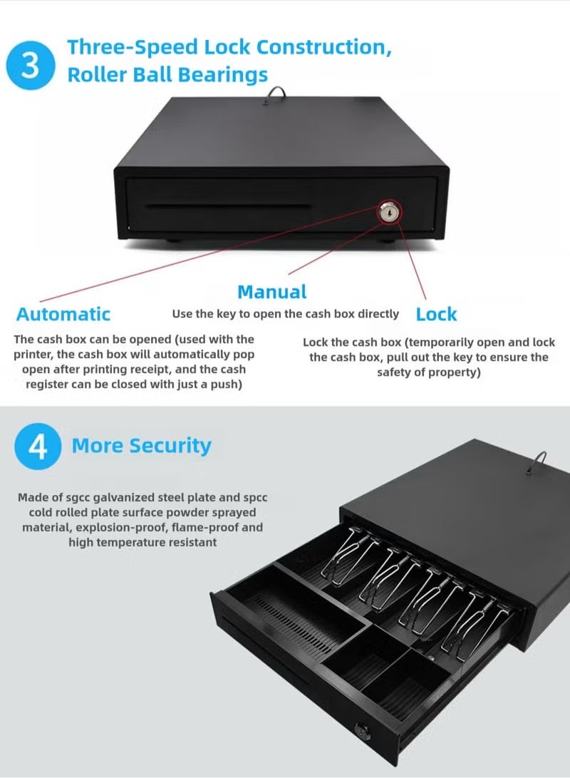 درج تسجيل نقدي، درج نقود نقطة البيع مع درج عملات قابل للإزالة، 4 فواتير و3 حجرات للعملات المعدنية، متوافق مع 12 فولت RJ11، درج نقود أسود شديد التحمل مع قفل بمفتاح - Image 4