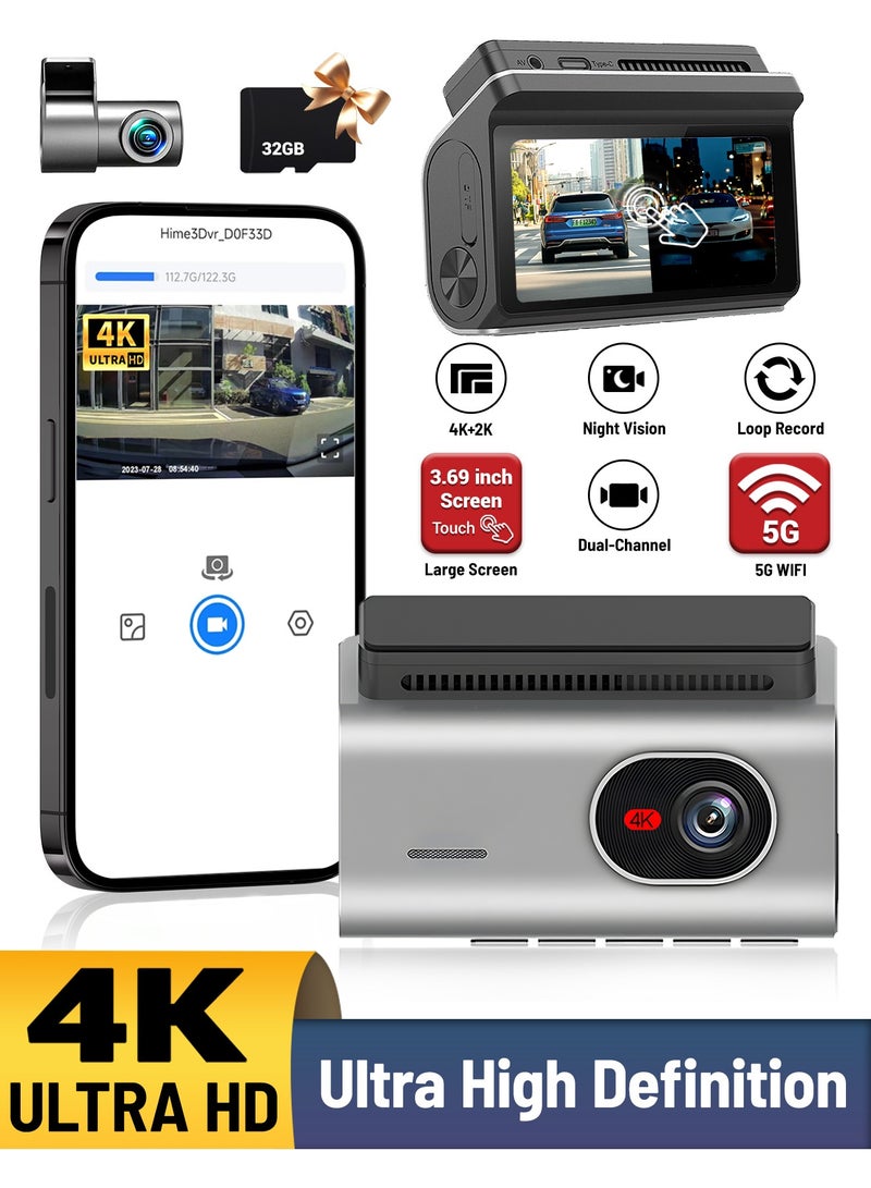دانسينت كاميرا سيارة بشاشة لمس IPS 4K 3.69 بوصة مع بطاقة 32 جيجابايت للسيارات الأمامية والخلفية ثنائية القناة 4K للداخل و2K للخلف مزودة بواي فاي مدمج ومستشعر G-Sensor مسجل فيديو DVR للسيارة - Image 1