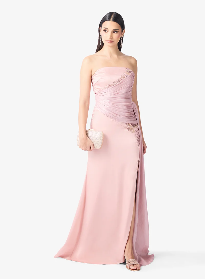 Off Shoulder Draped Embellished Dress with Trail