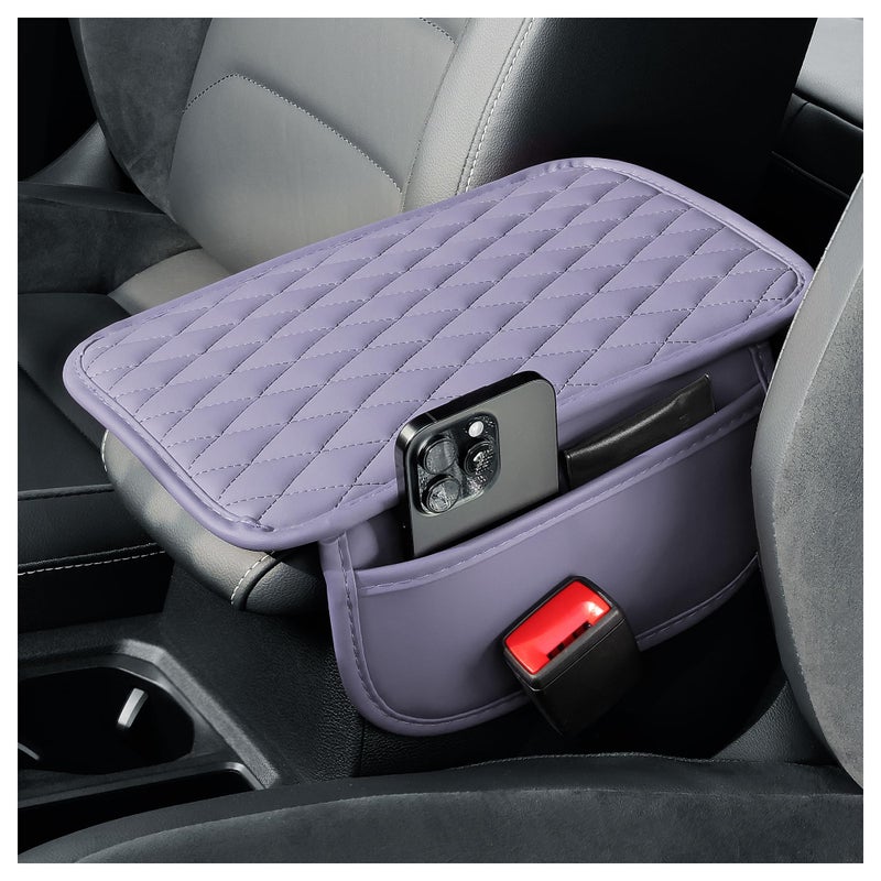 carleef Arm Rest Cover for Car,Leather+Memory Foam Center Console Cover with Storage Bags,Universal Middle Console Cover Car Accessories Interior for Most Cars Center Consoles (Purple) - Image 1