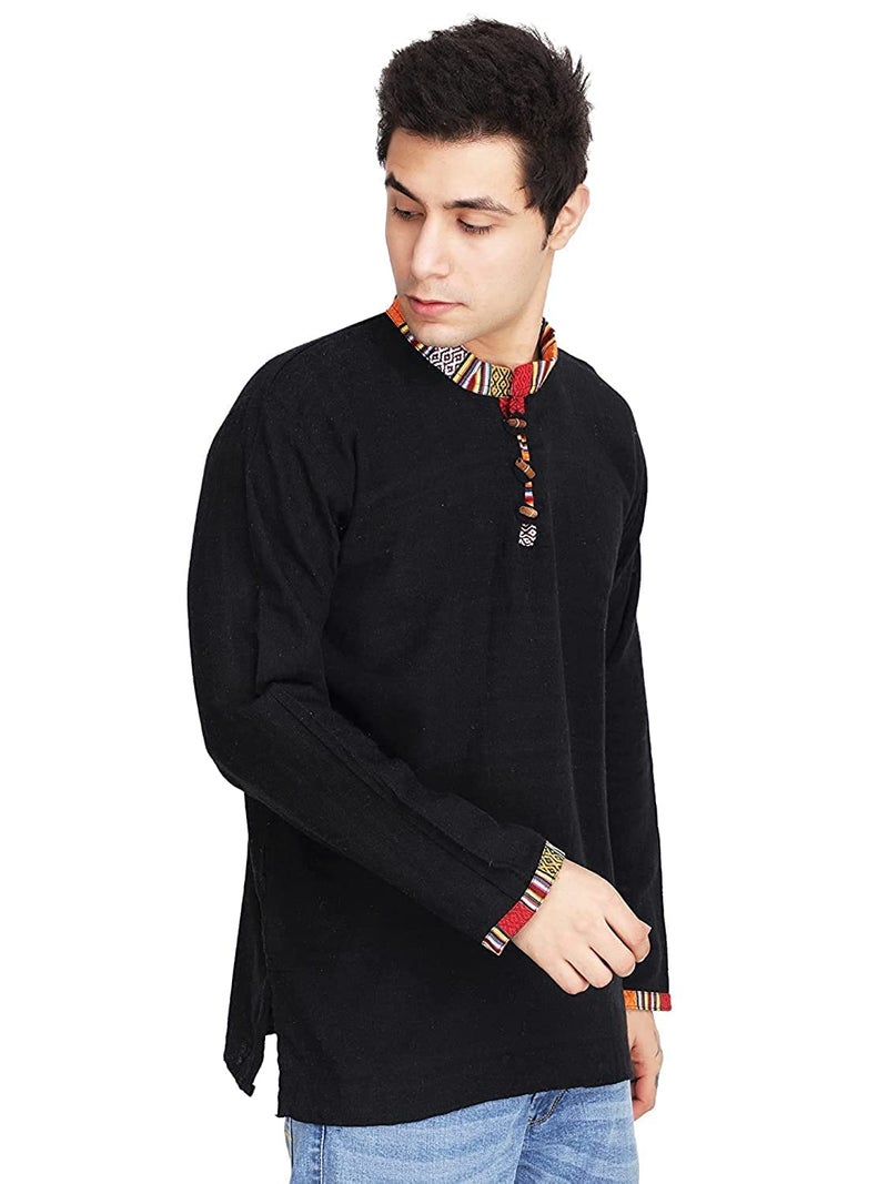 Ukal Indian Mens Summer Fashion Cotton Cotton Ethnic Shirt-Short Regular Fit Kurta, Black, Medium Plus - Image 3