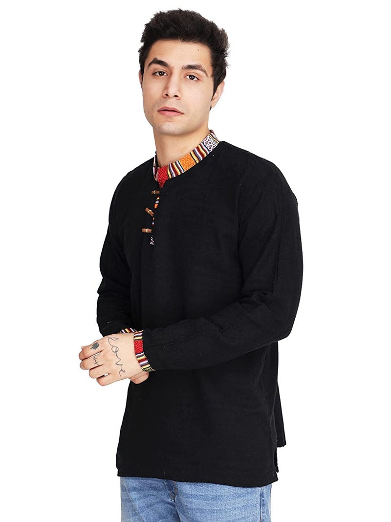 Ukal Indian Mens Summer Fashion Cotton Cotton Ethnic Shirt-Short Regular Fit Kurta, Black, Medium Plus - Image 2