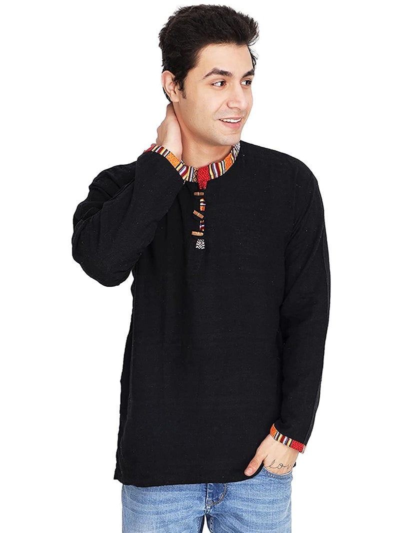 Ukal Indian Mens Summer Fashion Cotton Cotton Ethnic Shirt-Short Regular Fit Kurta, Black, Medium Plus - Image 1