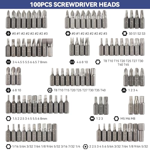 Serplex® 100Pcs Screwdriver Bit Kit Cr-V Steel 1/4-inch Adapters Phillips Slotted Hex Torx Star Tamperproof Pozi Square Spanner Torque Tri-Wing Clutch Spline Wing Nut, Security Torx Bit Set - Image 4