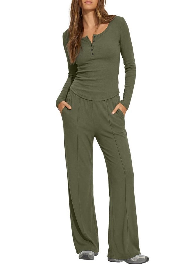 Darong Women's Fall Trendy 2 Piece Outfits Lounge Sets Long Sleeve Top Henley Shirts Wide Leg Pants Travel Clothes, Army Green, XS - Image 1