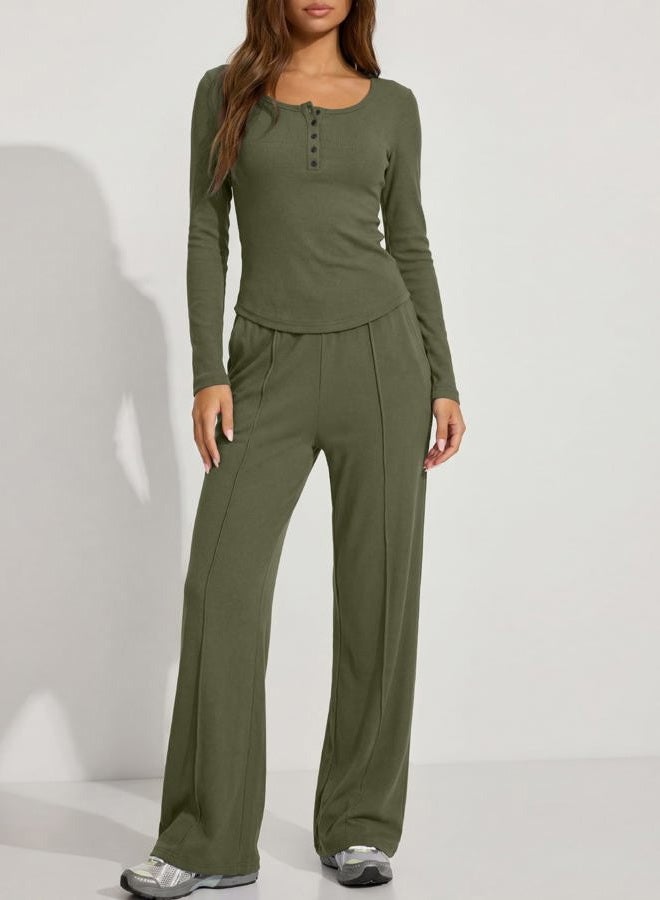 Darong Women's Fall Trendy 2 Piece Outfits Lounge Sets Long Sleeve Top Henley Shirts Wide Leg Pants Travel Clothes, Army Green, XS - Image 3