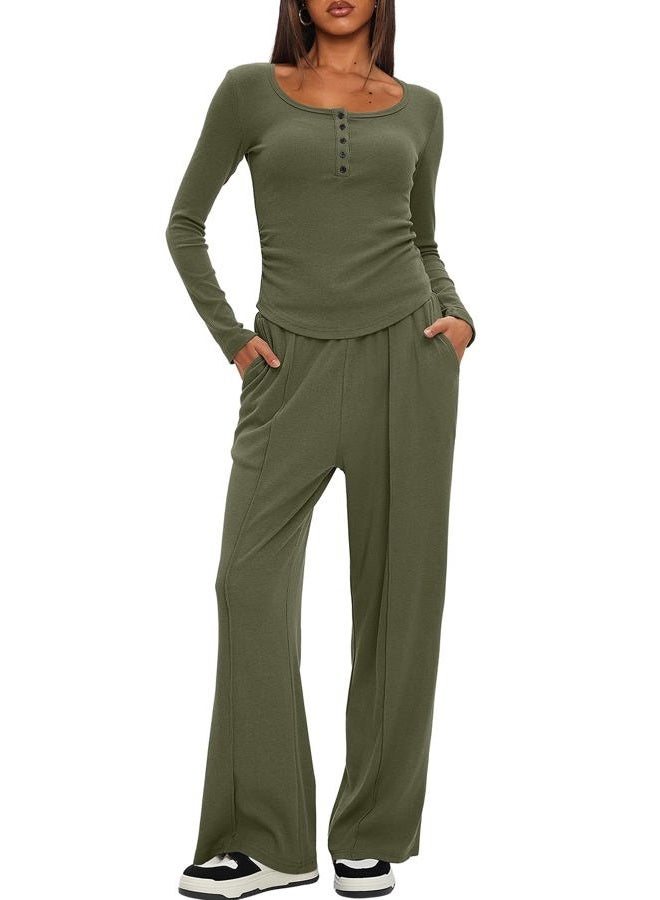 Darong Women's Fall Trendy 2 Piece Outfits Lounge Sets Long Sleeve Top Henley Shirts Wide Leg Pants Travel Clothes, Army Green, XS - Image 5