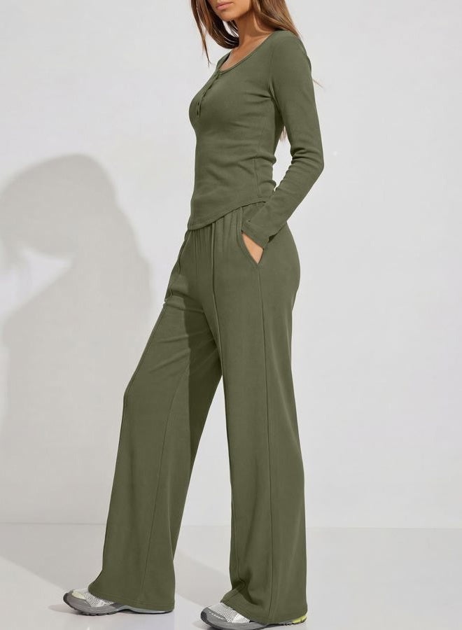 Darong Women's Fall Trendy 2 Piece Outfits Lounge Sets Long Sleeve Top Henley Shirts Wide Leg Pants Travel Clothes, Army Green, XS - Image 4